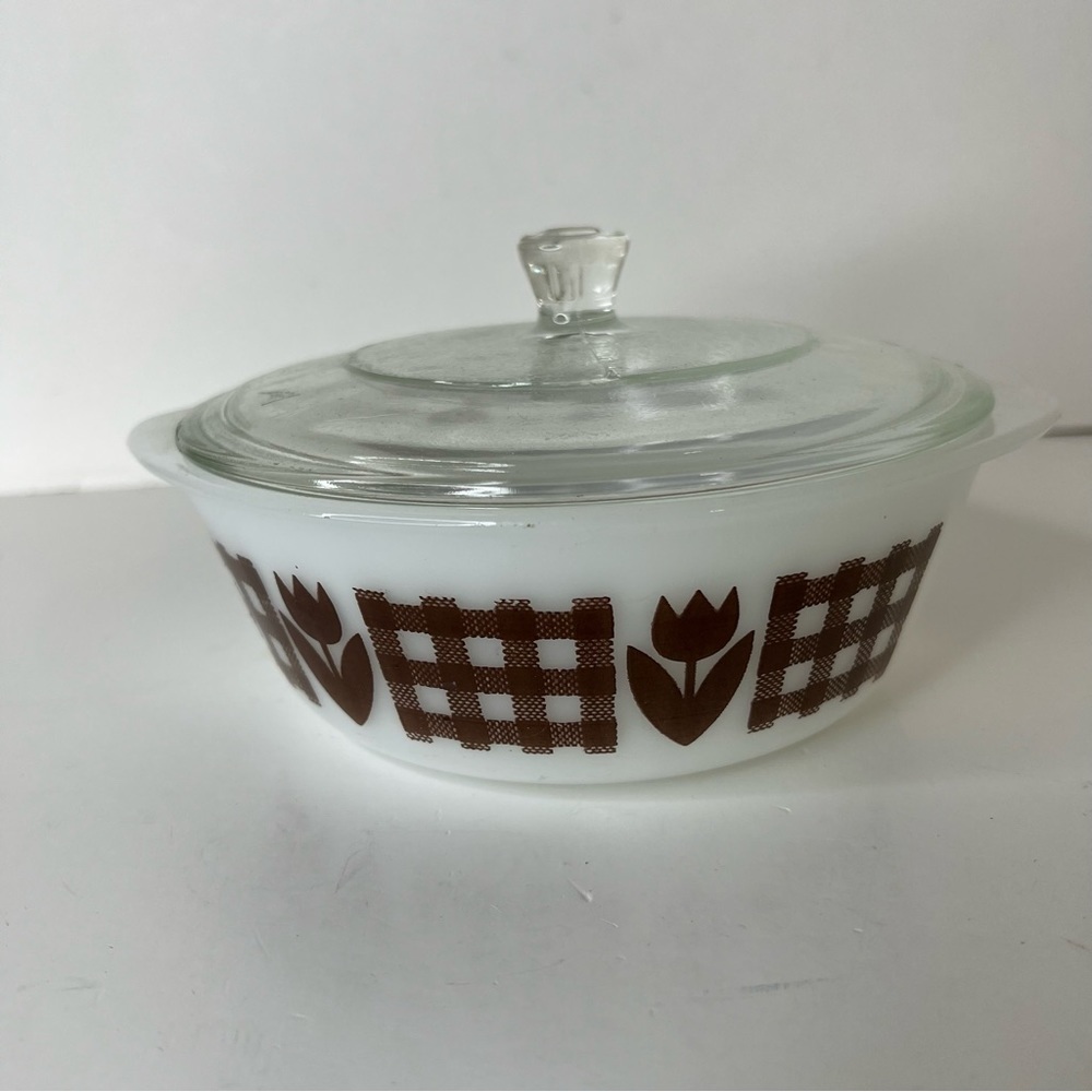 Vintage Jeannette Glass Glasbake Dutch Holland Tulip Gingham Casserole Dish